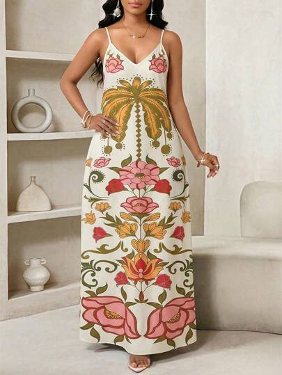 SHEIN Lady Plus Size Women Palm Tree Print Casual Slip Dress