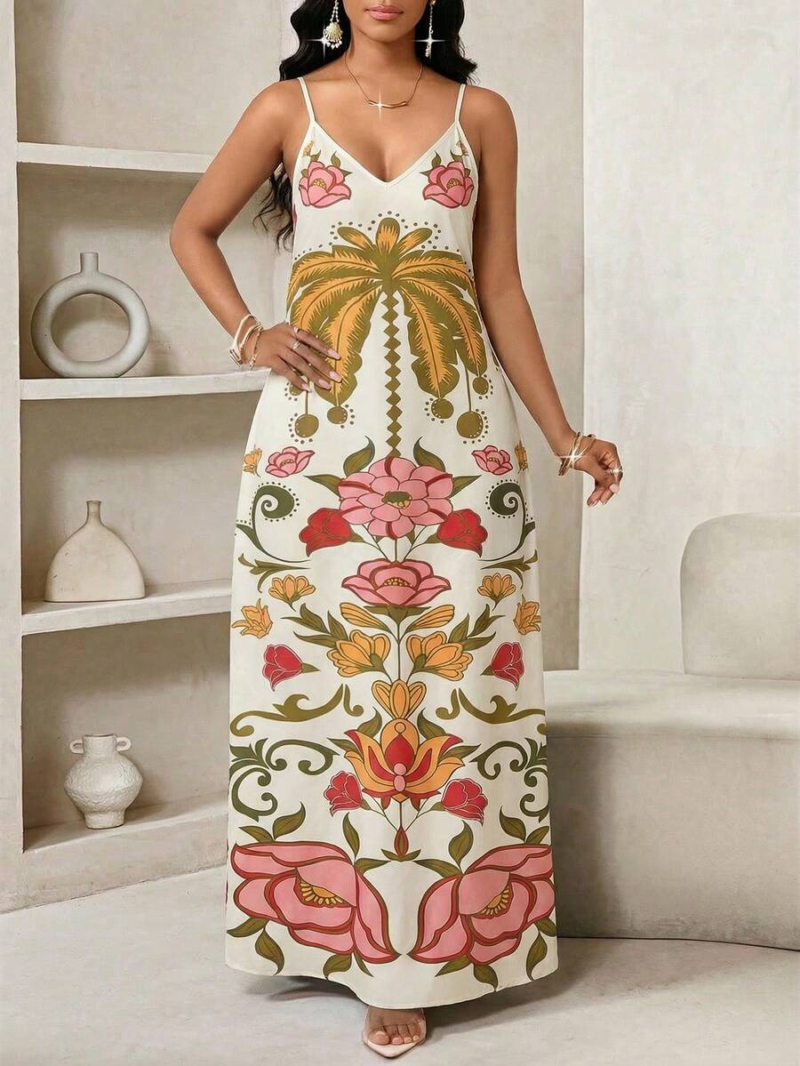 SHEIN Lady 大码女士棕榈树印花休闲吊带裙