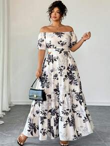 Vestido elegante con hombros descubiertos, cintura ceñida y estampado, talla grande - Albaricoque - Ver 8