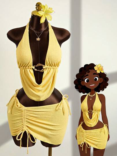 Zestiva Conjunto de bikini retro sexy de 3 piezas para mujer con decoración metálica, escote pronunciado, cintura con cordón y pareo fruncido, adecuado para la playa, vacaciones y viajes a la isla