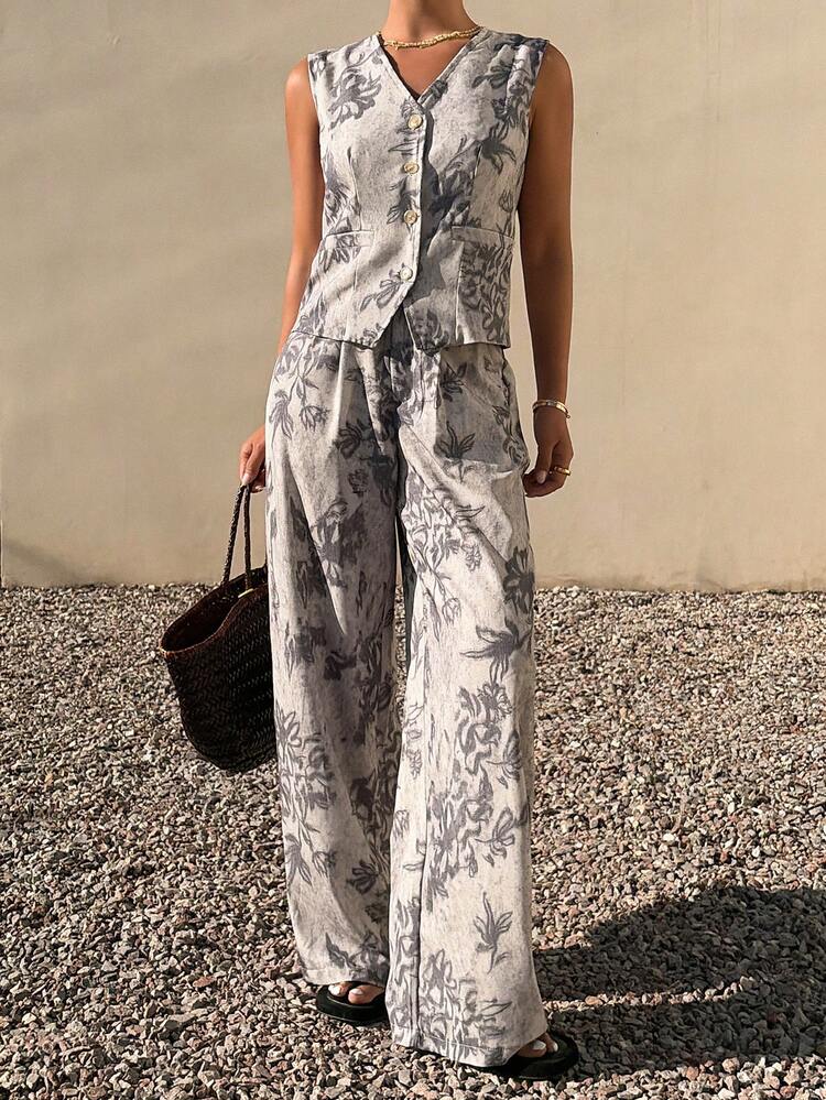 Women's Casual Floral Print Faux Pocket Vest And Wide Leg Pants 2 Pieces Set, Summer