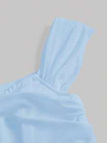 SHEIN MOD Off Shoulder Ruched Mesh Fish Bone Decoration Blue Top - Baby Blue - View 3