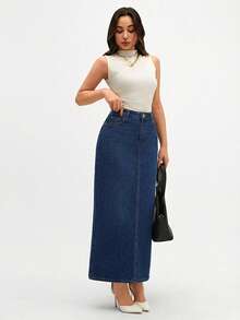 RueChic High Waist Slant Pocket Denim Skirt - Medium Wash - View 4