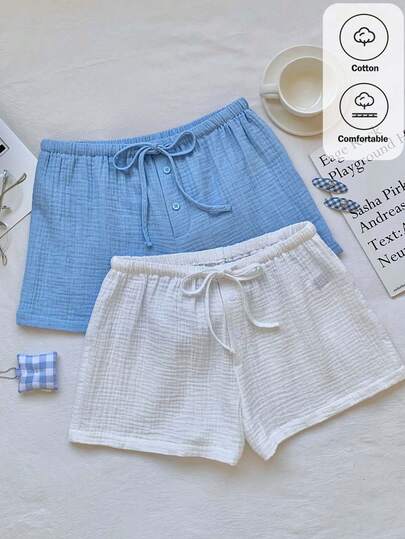 Comfortcana Spring Summer 2026 Women's New 100% Cotton Texture Fabric White, Blue Shorts Multi Piece Set, Suitable For Women's Vacation Wear,Easter,St Patrick's Day,Party,Wedding,Graduation,Elegant, Vacation,Casual, Luxury,Formal,Valentine's Day, Carnival, Beach Set, Home Leisure, College, Women's Leisure Set, White Pants, Gym