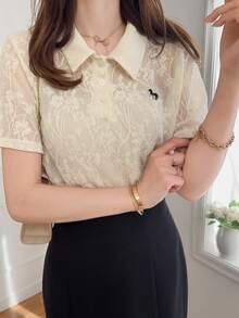 FRIFUL Áo polo nữ dáng regular cổ bẻ, khóa kéo nửa thân, thêu và chất liệu vải in họa tiết. - trắng - Xem 7
