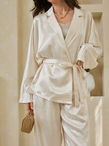 Dazy-Less Women's Solid Color Lapel NeckLong Sleeve Jacket And Wide Leg Pants Elegant Suit Set - Beige - View 3