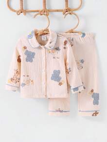 SHEIN Bộ 2 áo khoác cardigan ve áo họa tiết voi và ngôi sao màu be và quần dài thoải mái cho bé trai sơ sinh/trẻ mới biết đi - Màu be - Xem 7