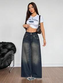 SHEIN PETITE Women's Pocket Button Casual Versatile Daily Wear Wide Leg Jeans - Black - View 4