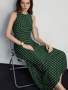 Aveloria Modichic Minimalist Elegant Polka Dot Satin Round Neck Sleeveless Dress, Versatile For Work And Everyday Wear - Dark Green - View 2