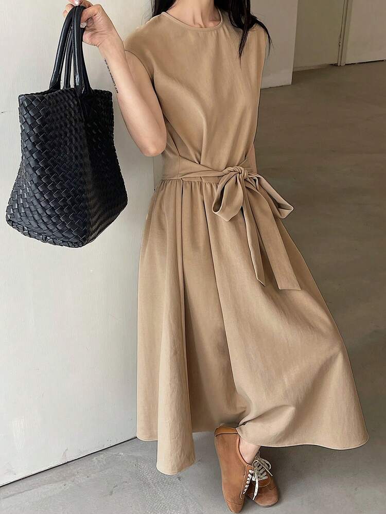Women's Solid Color Round Neck Cap Sleeve Waist Tie Casual Mid-Length Dress