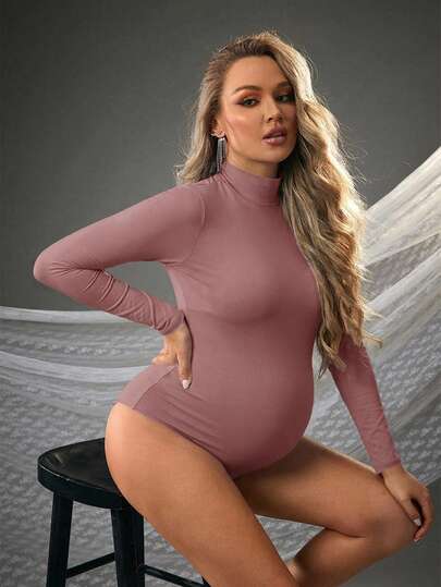 Cheriluna Maternity Maternity Solid Color Stand Collar Long Sleeve Romper