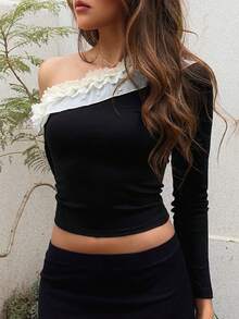 DAZY Off-Shoulder Long Sleeve T-Shirt With Unique Design Going Out Tops - Black - View 6