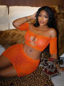 Bare Feeling Fully Loaded! Bright Orange Off-Shoulder Hollow-Out Lingerie Set 2pcs: Sheer Knit + Cropped Off-Shoulder Top + Mini Skirt Design, Adding Sweet And Spicy Charm To The Mature Look - Orange - View 6
