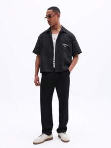 SUMWON Men's Striped Short Sleeve Button Up Shirt With Chest Print Regular Fit Summer Casual Collar Shirt, Pin Stripe Shirt, Streetwear Shirt, Mens Shirt - Black - View 3
