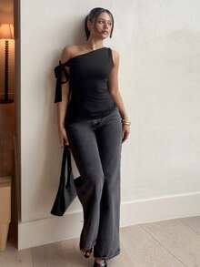 LHSEPT Áo thun nữ cổ bẻ màu trơn thanh lịch không đối xứng, mùa hè - màu đen - Xem 1