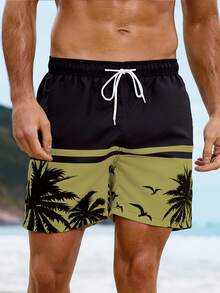 Manfinity KASUA Men's Drawstring Coconut Tree Print Casual Beach Shorts - Olive Green - View 3