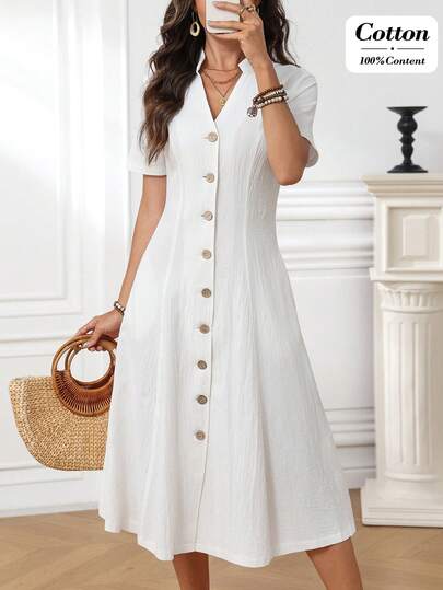 Miaspire 女士休闲纯色纽扣前开襟中长连衣裙