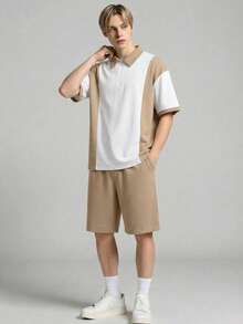Vacaura 2pcs/Set Teenage Boys Casual Color Block Zipper Polo Shirt Suit, Suitable For Daily Commute, Leisure, Sports, And School Wear - Brown - View 4