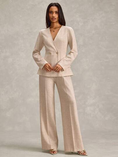 RueChic Women, Spring, Summer, Set, Jacket, Pant, Elegant, Light Blue Suit Set, Grey Blazer And Pants, Elastic Waist Trousers, Pull-On Wide-Leg Pants, V-Neck Tailored Blazer, Double-Button Blazer, Tailored Peplum Blazer, Flattering Wide-Leg Pants, Neutral Matching Suit, Capsule Wardrobe Suit, Co Ords Sets Women Blazer Set Women Pant Suit  Linen Two Piece Set Woman Suit Pantsuit For Women Womens Pant Suit Set Pants Suit Blazer Set For Women Business Casual Woman 2 Piece Pants Set Women S Pant Suit Set Business Casual Woman 2 Piece Set Mother Of The Bride Pant Suit