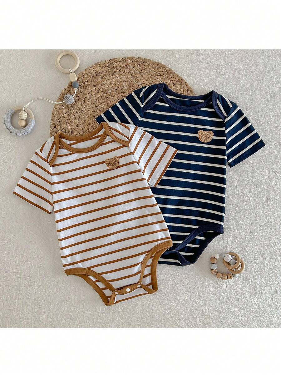 Loomiva 2pcs Baby Boy Cartoon Bear Print Striped Round Neck Short Sleeve Romper Set - Multicolor - View 1