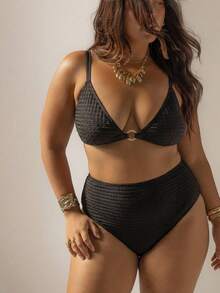 Aralina 女士泳装两件套，曲线纹理面料细节，高腰泳裤，含泳衣袋，是海滩装扮和夏季装扮的完美之选。 - 黑色 - 查看 8