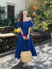 DAZY 女士露肩韩式荷叶边连衣裙 - 藍色 - 查看 3