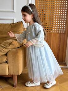 DAZY Girls Young Girl Fall Clothes Gold Thread Embroidered Mesh Tulle Dress - White - View 1