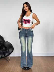 SHEIN PETITE 女士休闲百搭喇叭牛仔裤，带口袋 - 深色水洗藍 - 查看 7