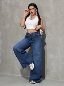 SHEIN Tall Summer Women's TallCasual Daily Commuting Going Out Outfit Pocket Button Casual Versatile Daily Wear Wide Leg Blue Jeans - Dark Wash - View 1