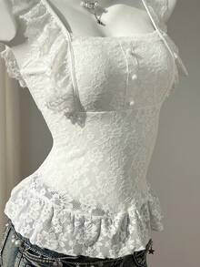 Elamini Women's Sweet & Cute Casual Daily Lace Fabric Cap Sleeve Square Neck All-White T-Shirt, Fashionable & Versatile For Spring/Summer - White - View 6