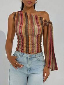 Firerie 女士优雅浪漫时尚通勤性感优雅针织纹理吊带修身杏色T恤，适合派对、度假、浪漫约会和婚礼生日等场合。 - 棕色 - 查看 5