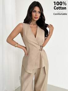 Firerie 优雅简约日常通勤办公套装，卡其色无袖V领金属扣腰带上衣搭配中腰宽松直筒裤，春夏女装套装，教师装，工作服，办公室套装，女士裤装 - 卡其色 - 查看 5