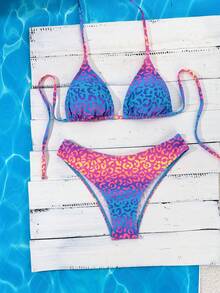 Swim Mod Bộ bikini hai mảnh cổ yếm, cạp cao, họa tiết da báo ngẫu nhiên, nhiều màu sắc huỳnh quang, dành cho nữ, thích hợp cho mùa Xuân/Hè 2026. - Nhiều màu - Xem 3