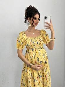 Momance Maternity Floral Print Square Neck Puff Sleeve Dress For Vacation - Yellow - View 6