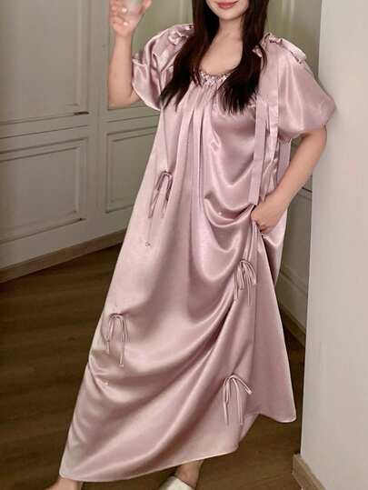 Dazy Plus 蝴蝶结领荷叶边面料休闲宽松短袖粉色女童睡裙，春夏款