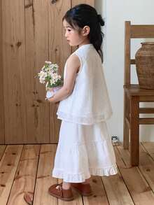 DAZY Toddler Girls' Lace Skirt & Sleeveless Shirt Set, Spring/Summer Korean Style - White - View 2