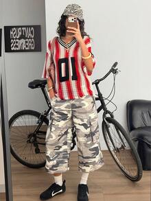 Muchica Women V-Neck Striped Drop Shoulder Casual Knit Top,Summer Clothes Women,Blockette Style - Red and White - View 4