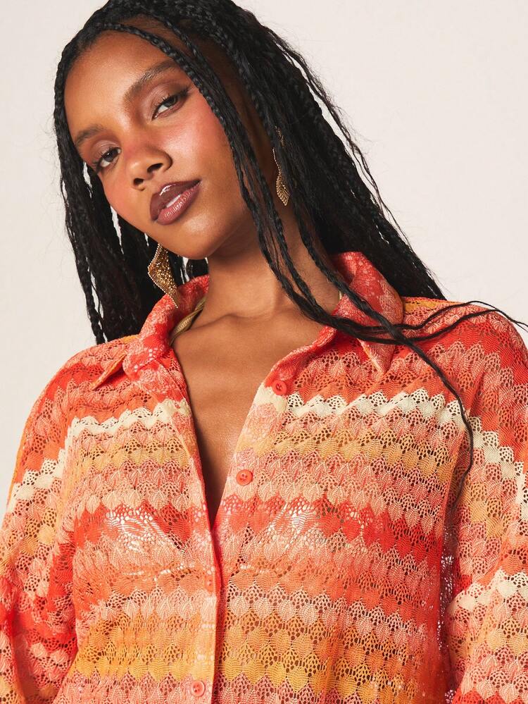 MISSGUIDED Women's Oversized Crochet Button Down Shirt And Wide Leg Trouser Set Geometric Pattern Two Pieces Outfit Casual Coordination Ensemble Summer Beach Vacation Style