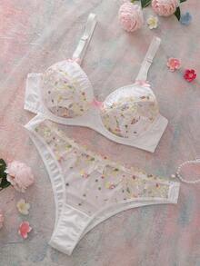 SHEIN Set de 2 piezas de sujetador con aros delgados y sostén y tanga bordados para mujer de talla grande - Multicolor - Ver 3