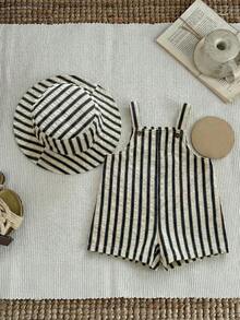 SHEIN 2件套婴儿男女童夏季条纹背带裤和渔夫帽套装，居家、外出、海滩休闲装 - 彩色 - 查看 6