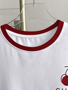 Resyla Women's Color Block Cherry Embroidery Short Sleeve Casual Round Neck T-Shirt - White - View 3