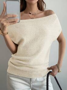 DAZY Suéter elegante de mujer con hombros asimétricos y manga corta descubierta - Blanco - Ver 2