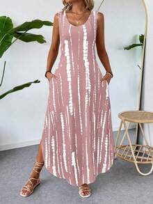SHEIN LUNE V-Neck Asymmetric Hem Side Slit Sleeveless Dress With Pockets, Geometric Print, Casual Vacation Elegant Dress For Women - Pink - View 1