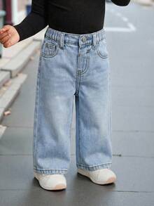 Quần ống rộng dáng suông màu xanh denim kiểu retro cho bé gái - Rửa nhẹ - Xem 7
