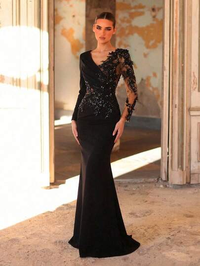 Aureia Elegant Luxurious Beaded, Sequin, Bubble Embroidered Lace Applique Sheer Sleeve Mesh Splice Elastic Ruched Fishtail Skirt, Suitable For Wedding, Party, Holiday, Bridal, Mother Of The Bride Evening Gown