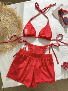 Swim Vcay 2026春夏吊带露背红色亮面高衩系带比基尼套装 - 酒紅色 - 查看 3