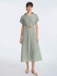 Selianne Women's Summer Short Sleeve Button Waist Belt Dress, Suitable For Vacation, Commuting, Spring And Summer Wear - Army Green - View 1