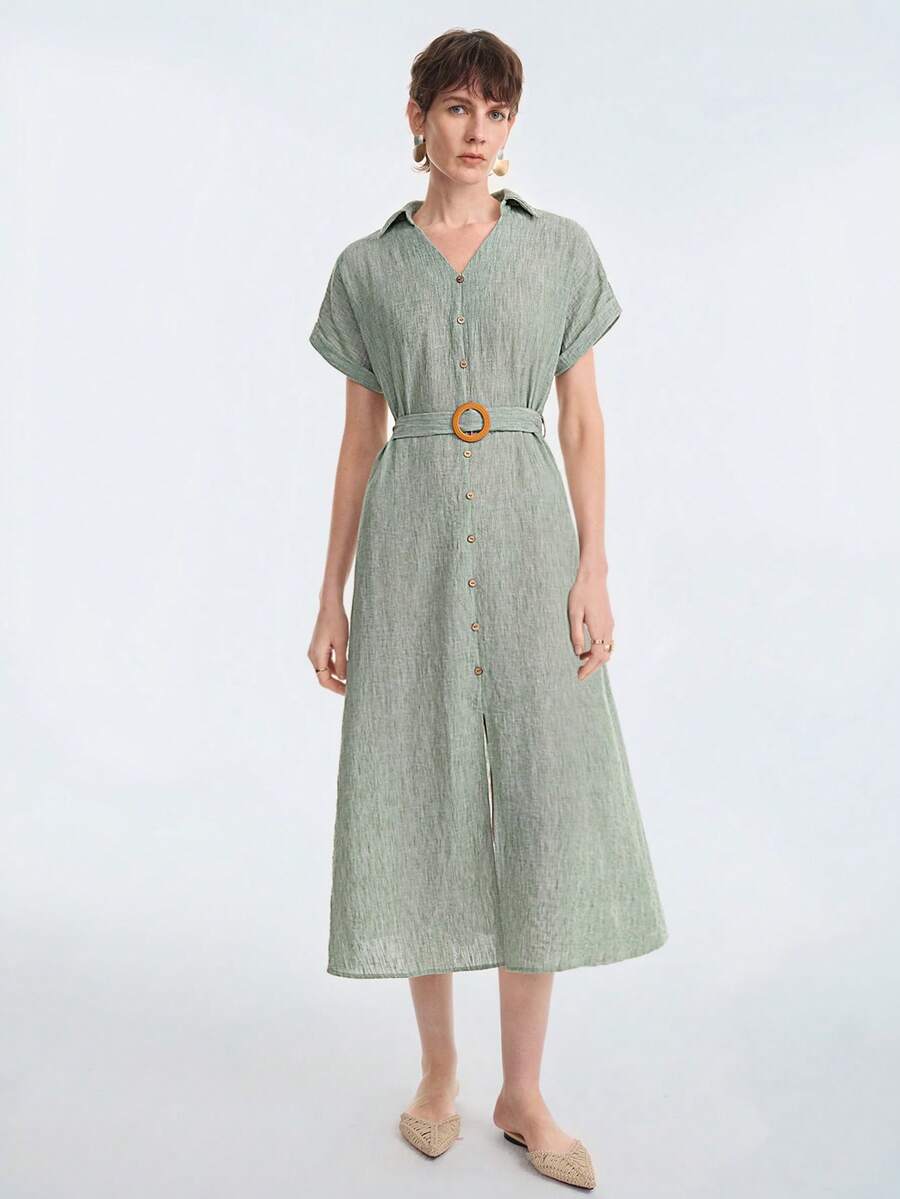 Selianne Women's Summer Short Sleeve Button Waist Belt Dress, Suitable For Vacation, Commuting, Spring And Summer Wear - Army Green - View 1