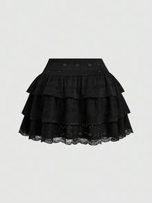 Sweetra Sweet Contrast Lace Elastic Waist Double-Layer Skirt, Elegant Vacation Summer Women Outfit - Black - View 2