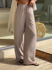 Livesso Casual Striped High Waist Loose Women Pants - Khaki - View 5